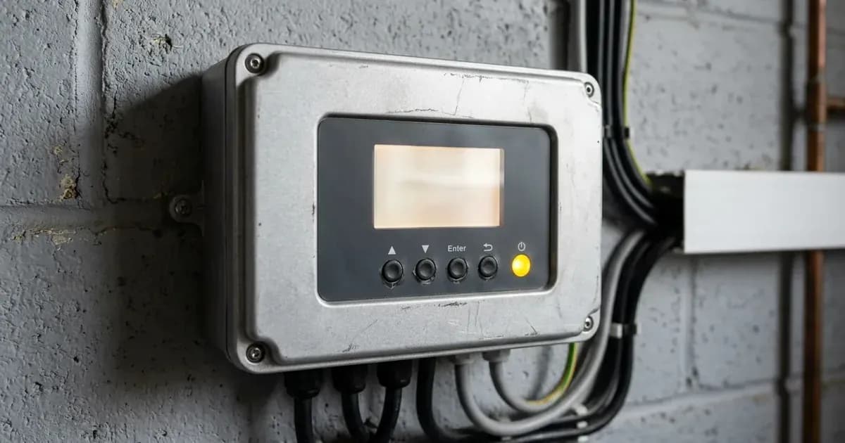 Solar inverter control panel with blank display screen and yellow warning LED indicator on a wall. — SolarNevs spec card