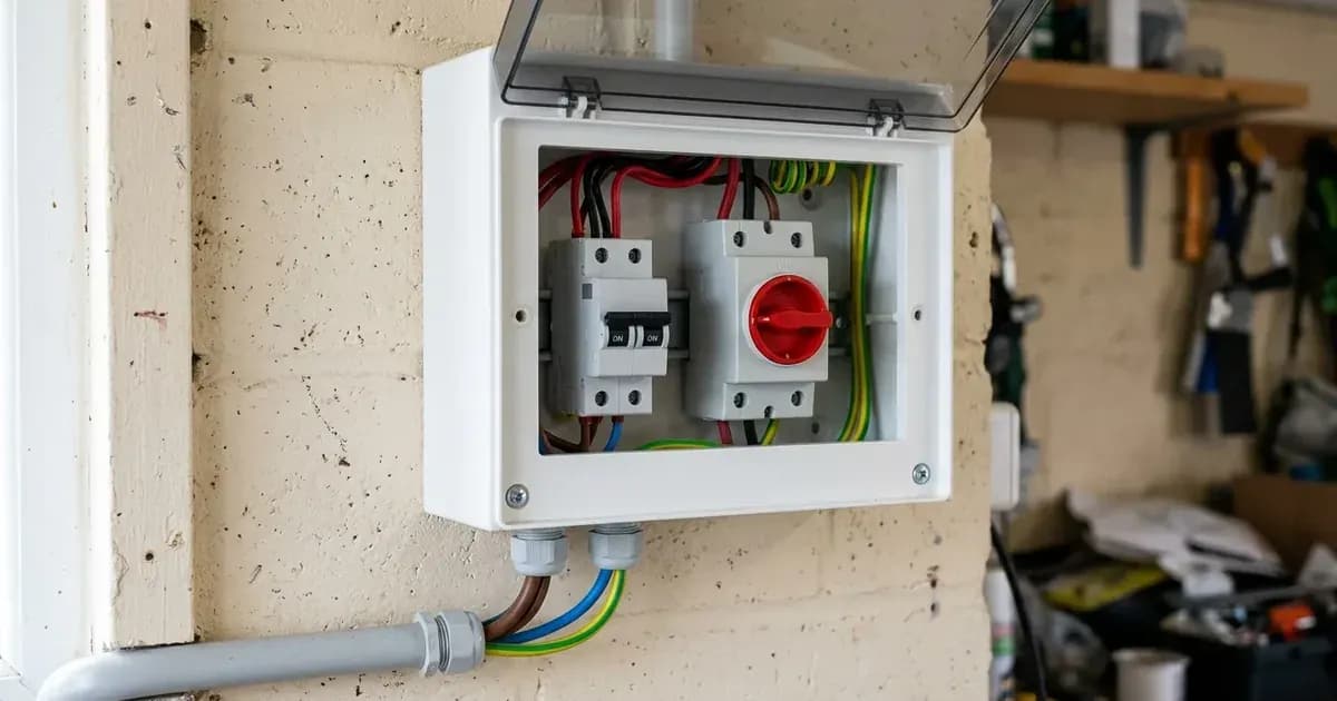 Solar AC distribution board with circuit breaker and rotary isolator switch on a UK garage wall. — SolarNevs spec card