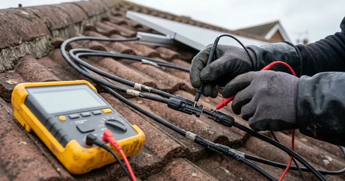 Electrician testing DC string isolation resistance on a tiled roof using a digital multimeter in the UK. — SolarNevs spec card