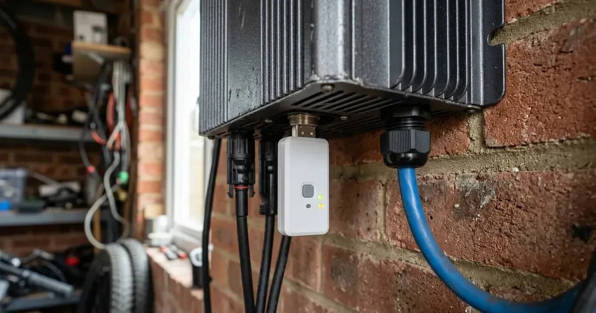 Wireless datalogger stick with status LEDs connected to the communication port of a solar inverter on brick. — SolarNevs spec card