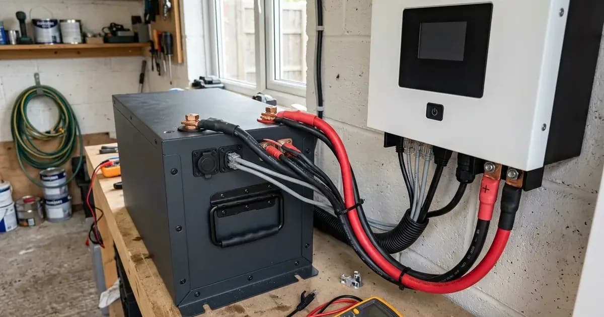 Lithium home battery connected via DC cables and communication leads to a hybrid inverter in a garage. — SolarNevs spec card