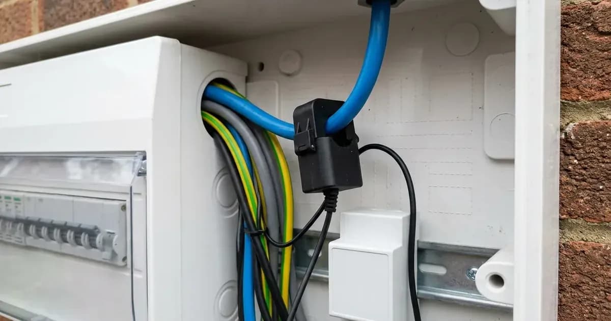 Current transformer clamp clipped around incoming mains service cable inside a UK domestic meter cabinet. — SolarNevs spec card