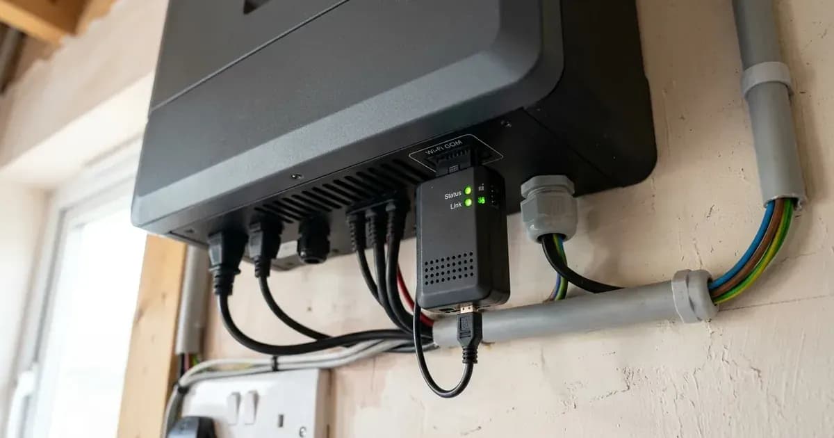 Wi-Fi data logger module plugged into the underside communication port of a solar hybrid inverter on an interior wall. — SolarNevs spec card