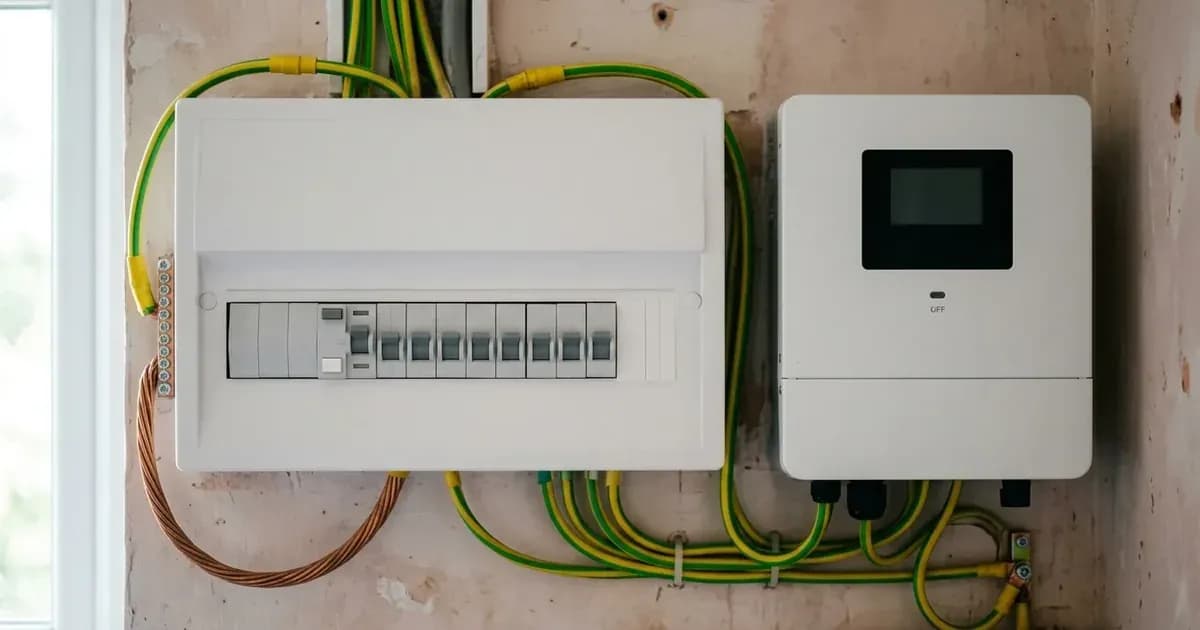 UK domestic consumer unit and hybrid solar inverter with protective earthing conductors on an interior wall. — SolarNevs spec card