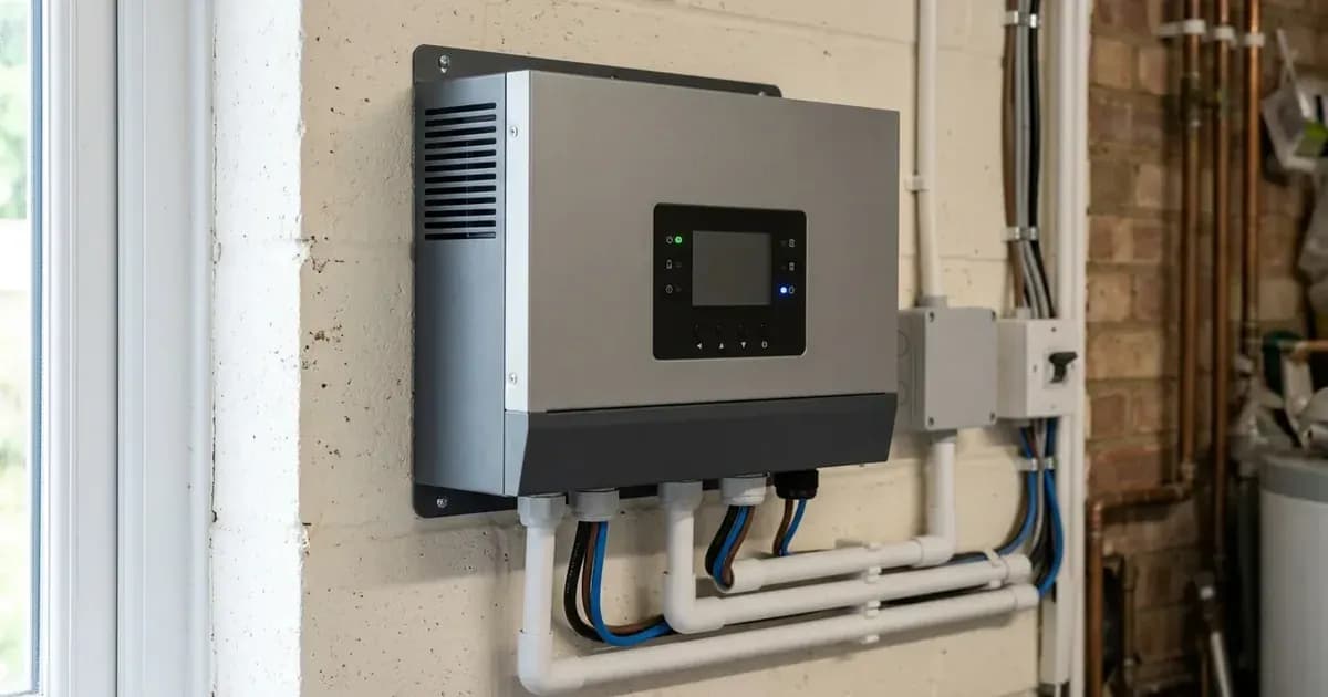 Wall-mounted hybrid solar inverter with status LEDs and clean conduit cabling in a UK home. — SolarNevs spec card