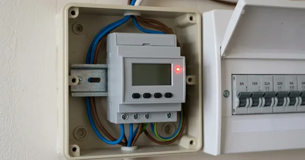Digital solar generation meter mounted on a DIN rail inside an electrical enclosure in the UK. — SolarNevs spec card