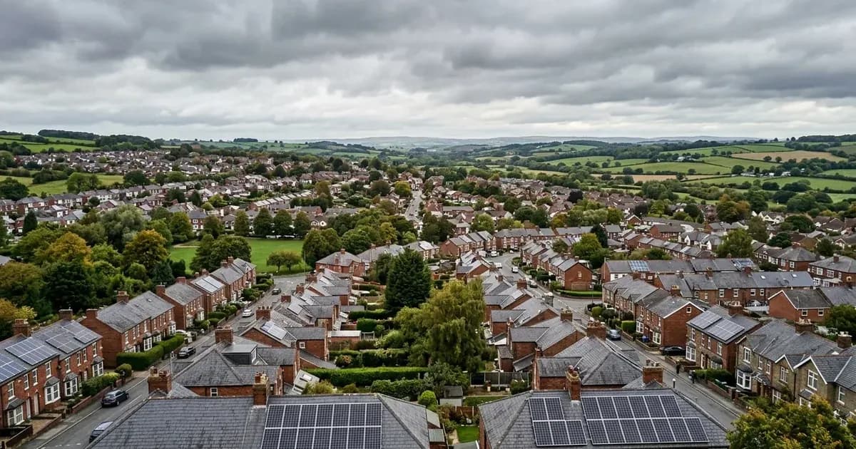 Modern residential solar panels installed on slate rooftops in a UK suburban neighbourhood. — SolarNevs spec card