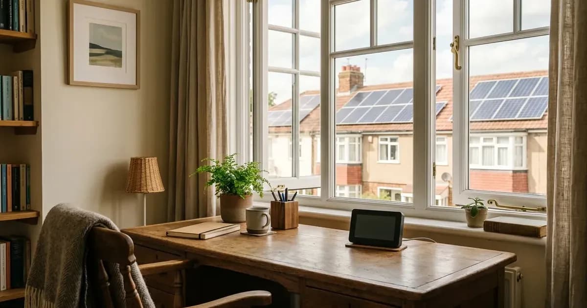 In-home energy monitor on a desk by an open window overlooking domestic rooftop solar panels in the UK. — SolarNevs spec card