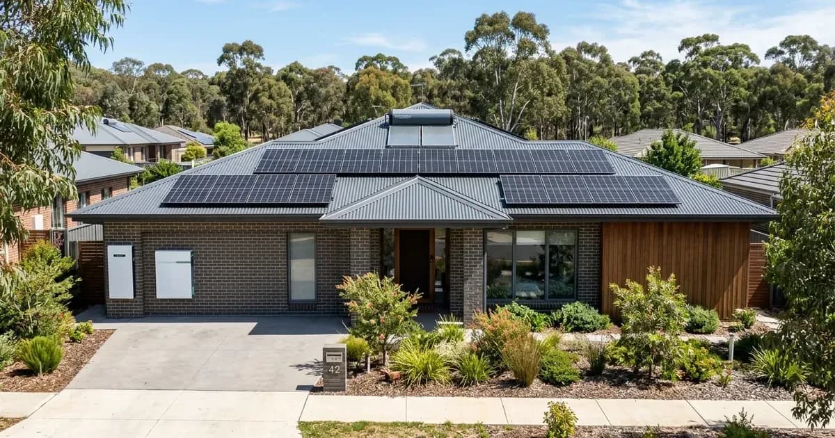 Modern energy-efficient home in Canberra with rooftop solar panels and wall-mounted battery storage. — SolarNevs spec card