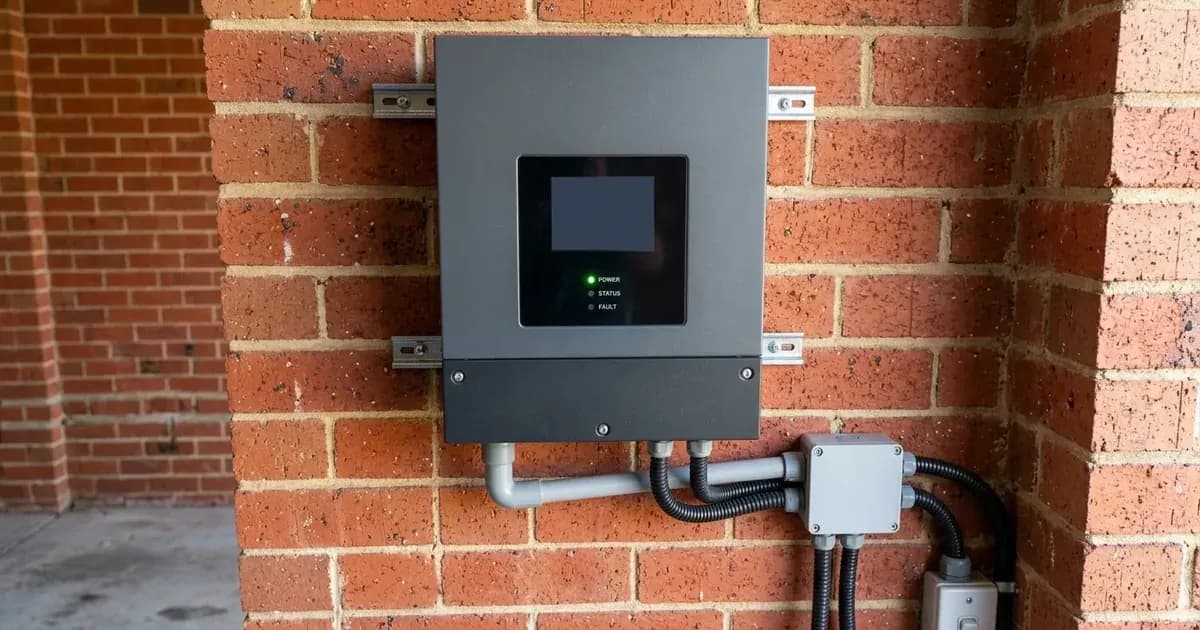 Wall-mounted solar inverter with blank display screen on a brick residential wall in Australia. — SolarNevs spec card