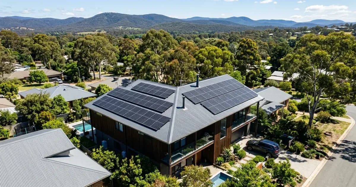 Residential solar installation on a corrugated metal roof in Canberra with distant Australian hills. — SolarNevs spec card