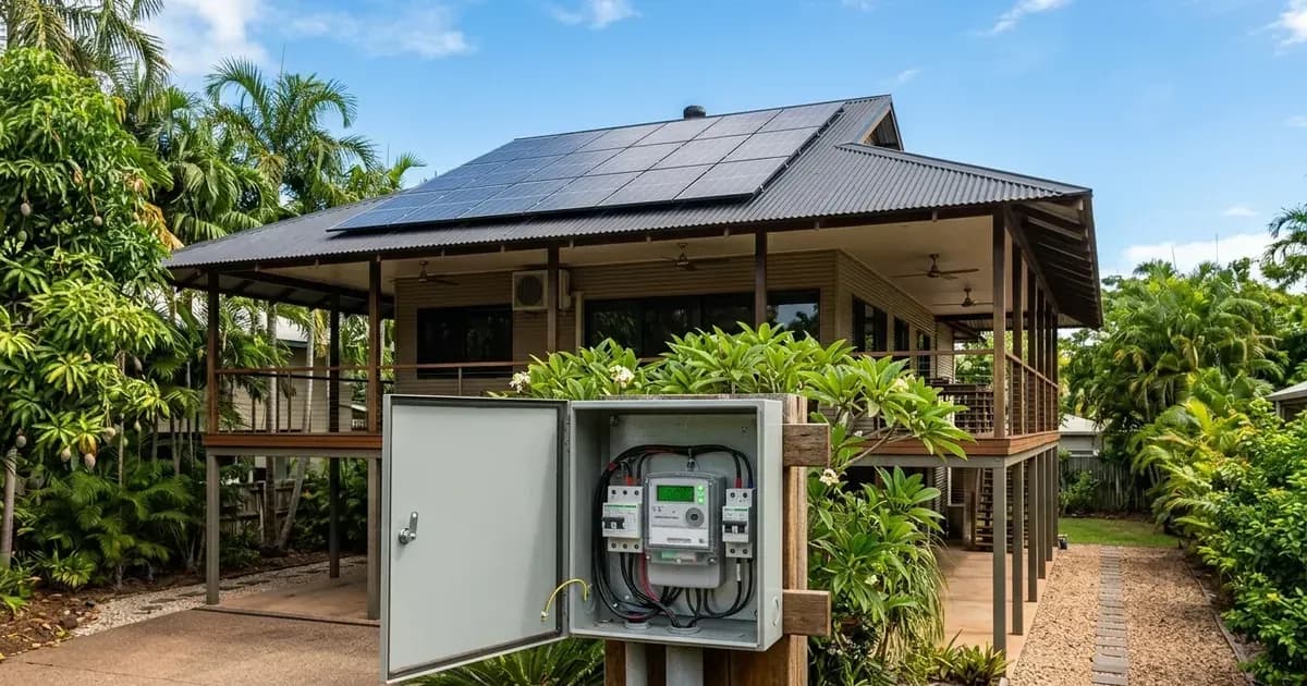 Rooftop solar panels and exterior smart meter on a tropical house in Darwin, Northern Territory. — SolarNevs spec card
