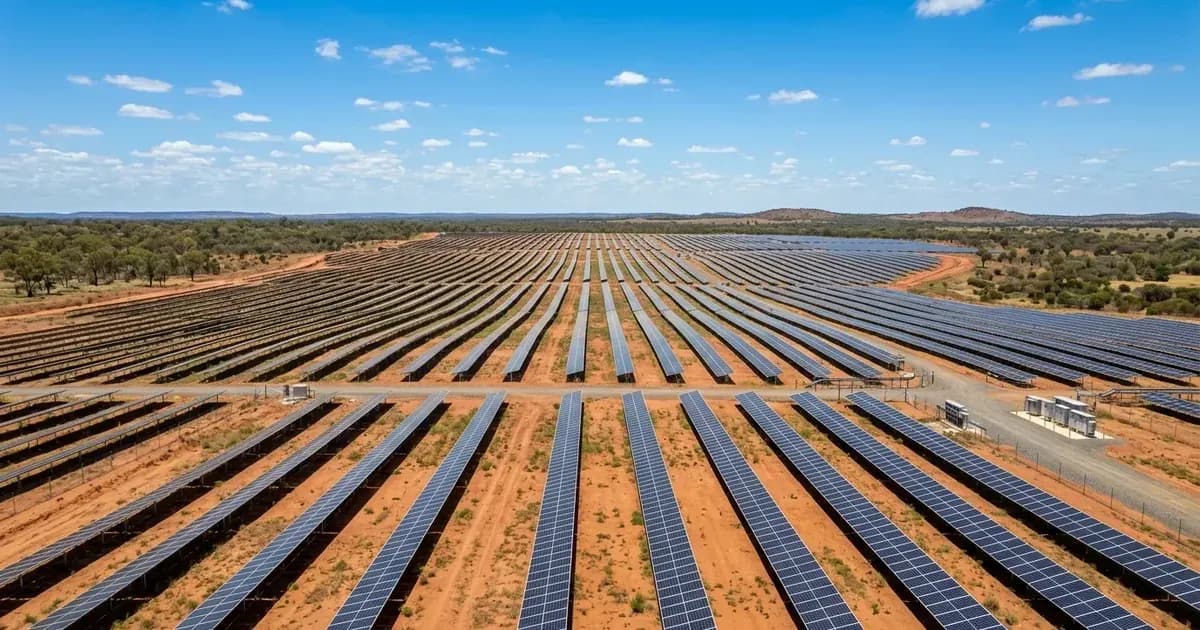 Expansive utility-scale solar farm across rural red earth in Queensland, Australia under bright sun. — SolarNevs spec card
