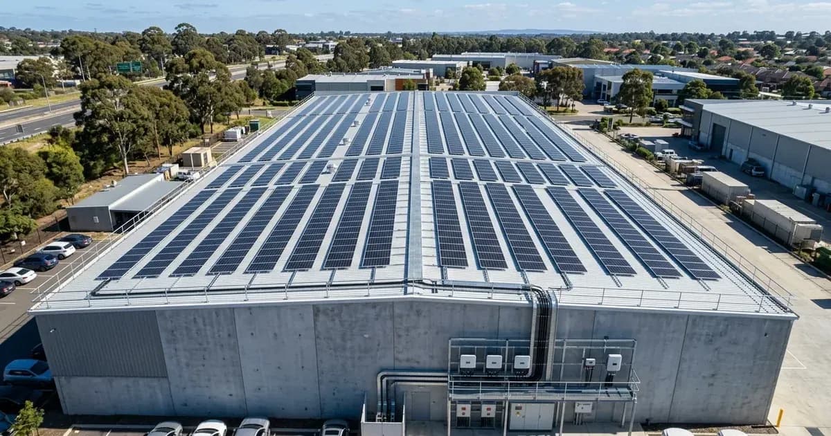 Newly completed commercial rooftop solar panel array on an Australian building under bright sun. — SolarNevs spec card