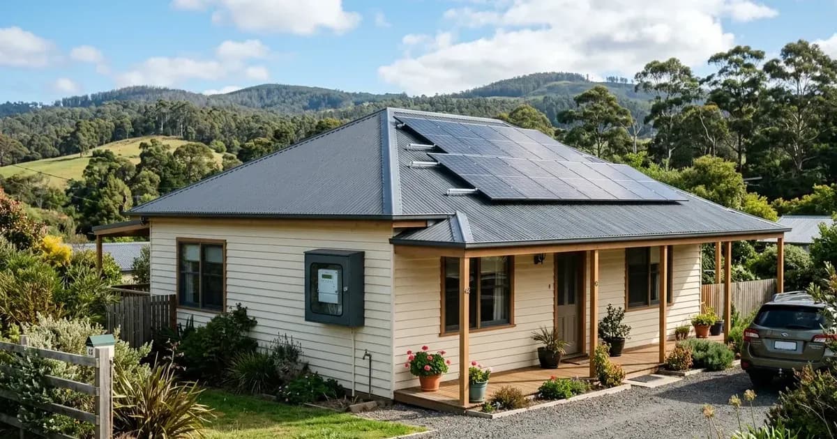 Tasmanian home with rooftop solar panels on a metal roof and an exterior electric meter box. — SolarNevs spec card