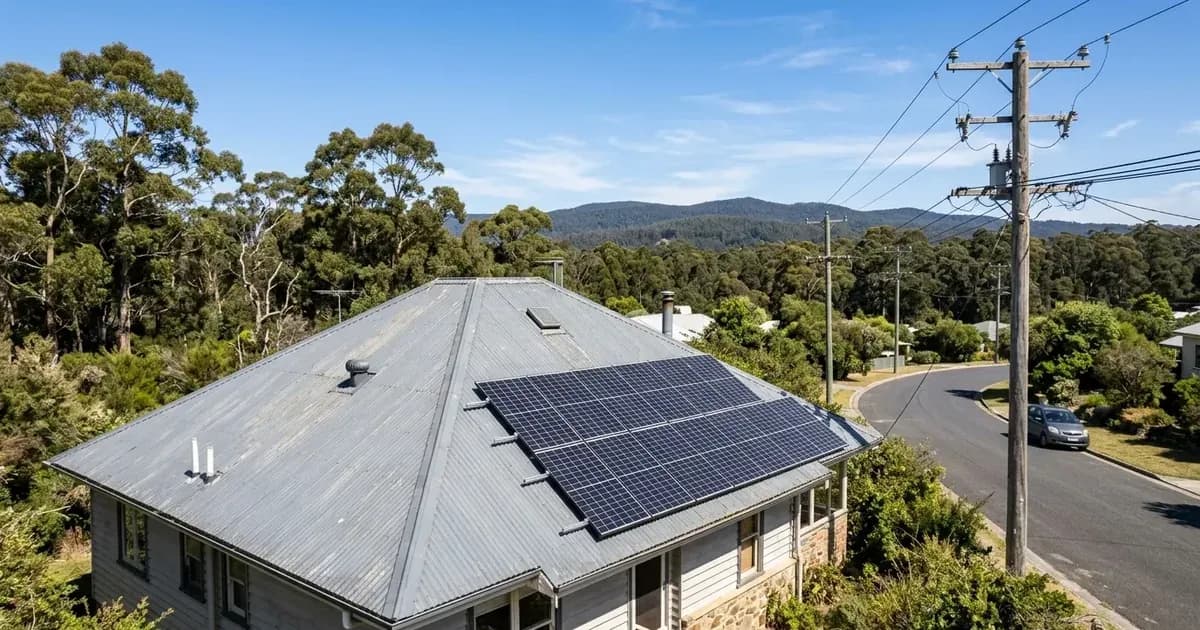 Rooftop solar panels on a corrugated metal roof with overhead power lines and utility poles in the street. — SolarNevs spec card