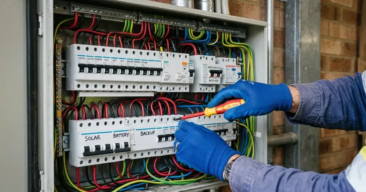 Gloved electrician wiring circuit breakers and safety switches inside a solar backup electrical sub-board. — SolarNevs spec card