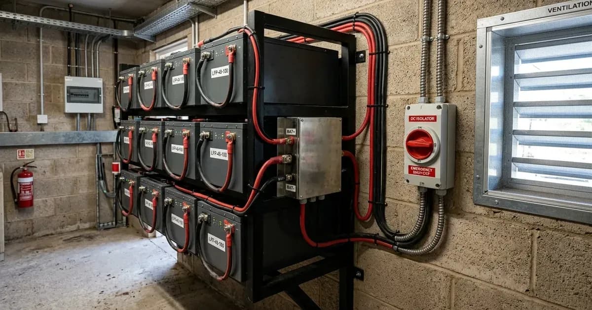Dedicated off-grid battery room with rack-mounted lithium batteries, DC isolator switch, and wall ventilation. — SolarNevs spec card
