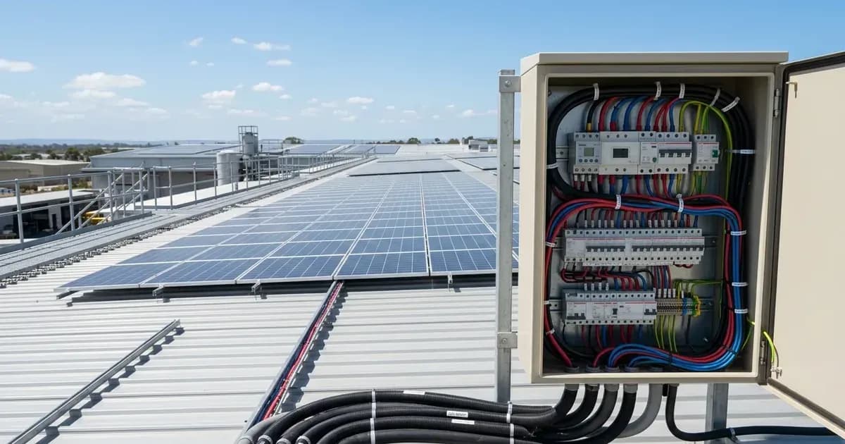 Commercial rooftop solar array with open electrical secondary protection switchboard cabinet. — SolarNevs spec card