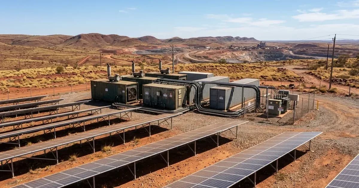 Solar-diesel hybrid microgrid with ground solar arrays and containerized generators at a remote Australian mine. — SolarNevs spec card