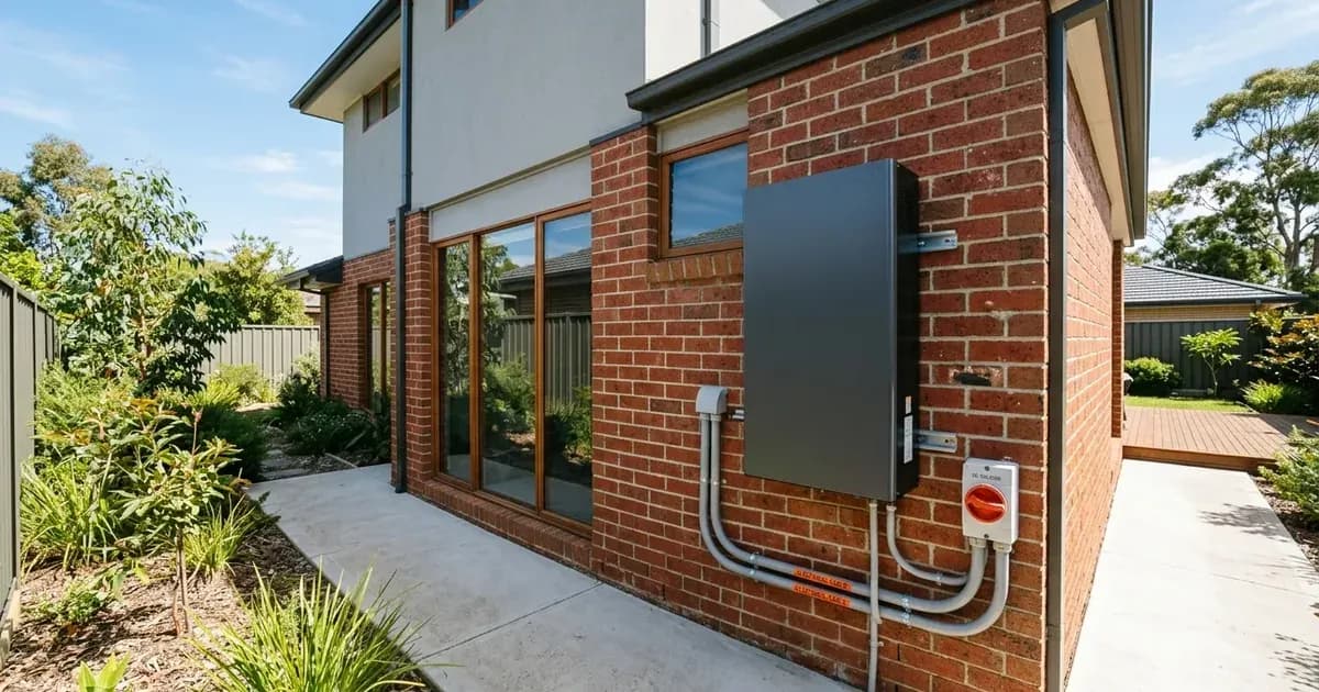 Exterior home battery energy storage system mounted on a brick wall with safety clearances and conduit. — SolarNevs spec card