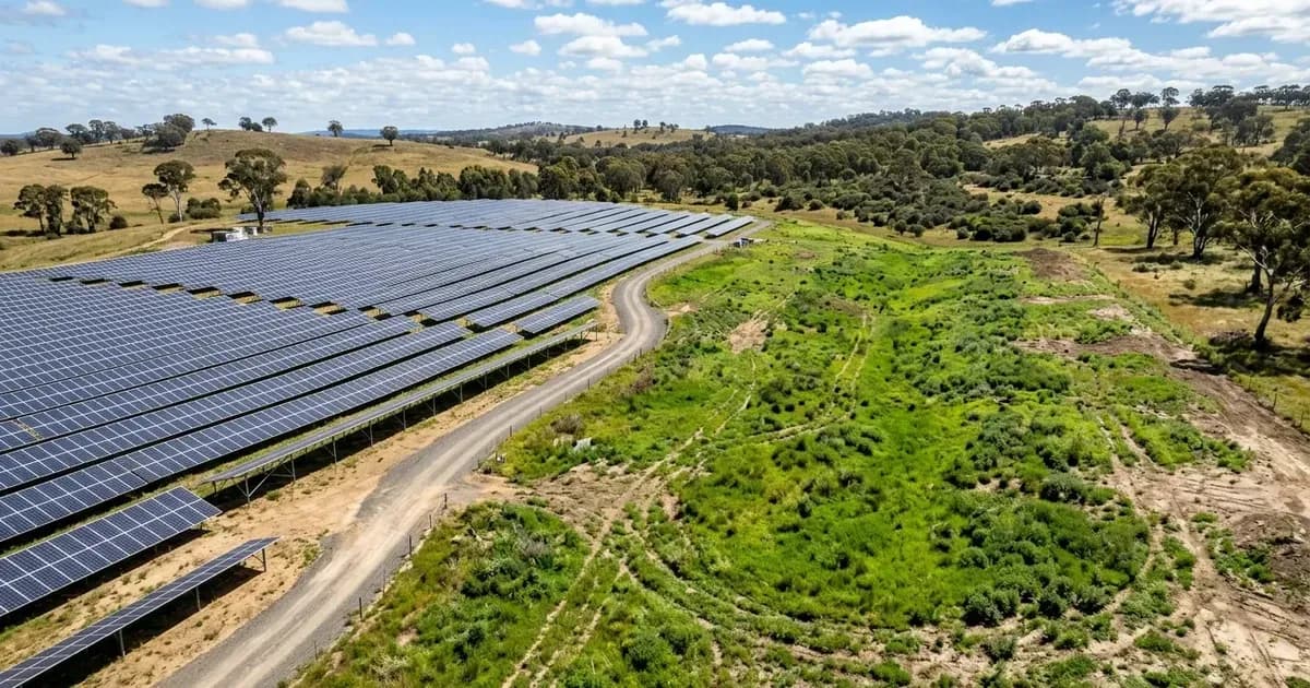 Elevated view of an Australian utility solar farm with an adjacent parcel undergoing environmental rehabilitation. — SolarNevs spec card