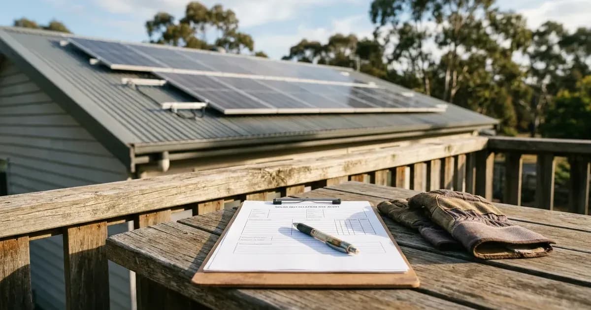 Solar installation compliance paperwork and work gloves overlooking a residential rooftop array. — SolarNevs spec card