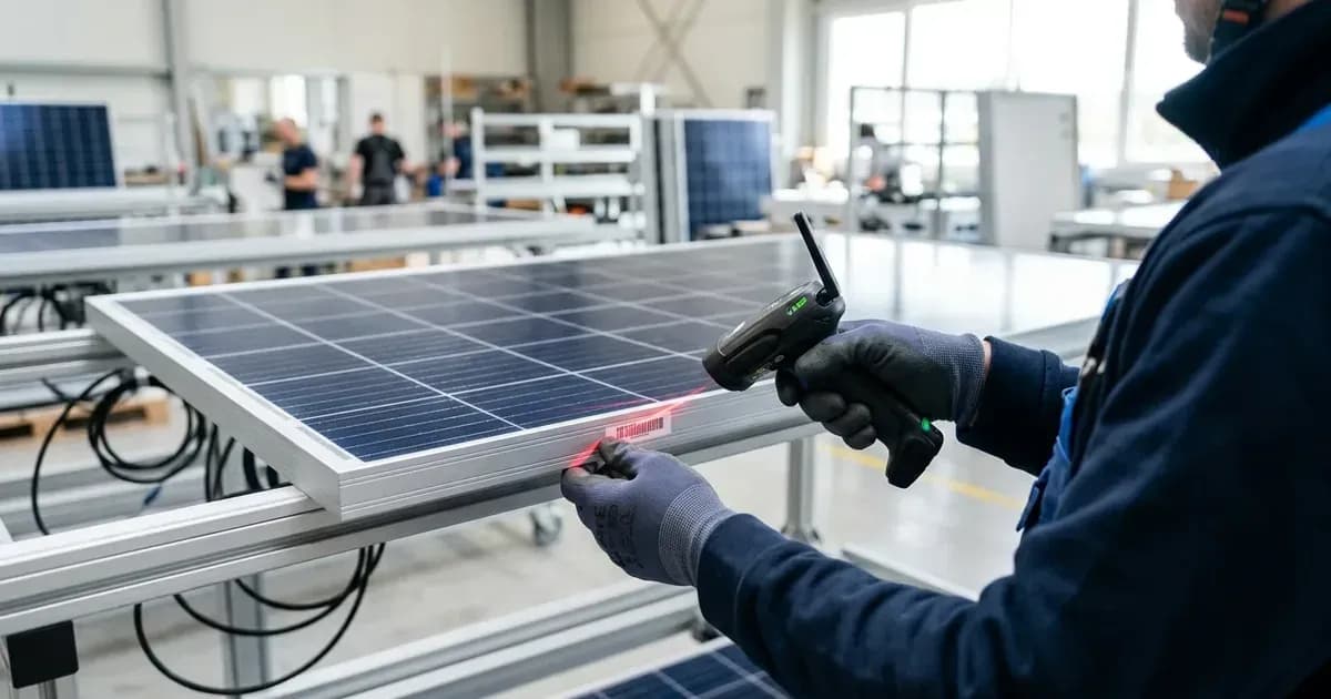 Technician scanning a serial barcode on a solar panel frame with a handheld scanner in a workshop. — SolarNevs spec card
