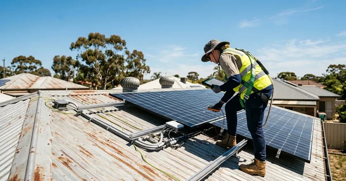 Inspector conducting a compliance check on rooftop solar panels mounted on a corrugated metal roof. — SolarNevs spec card
