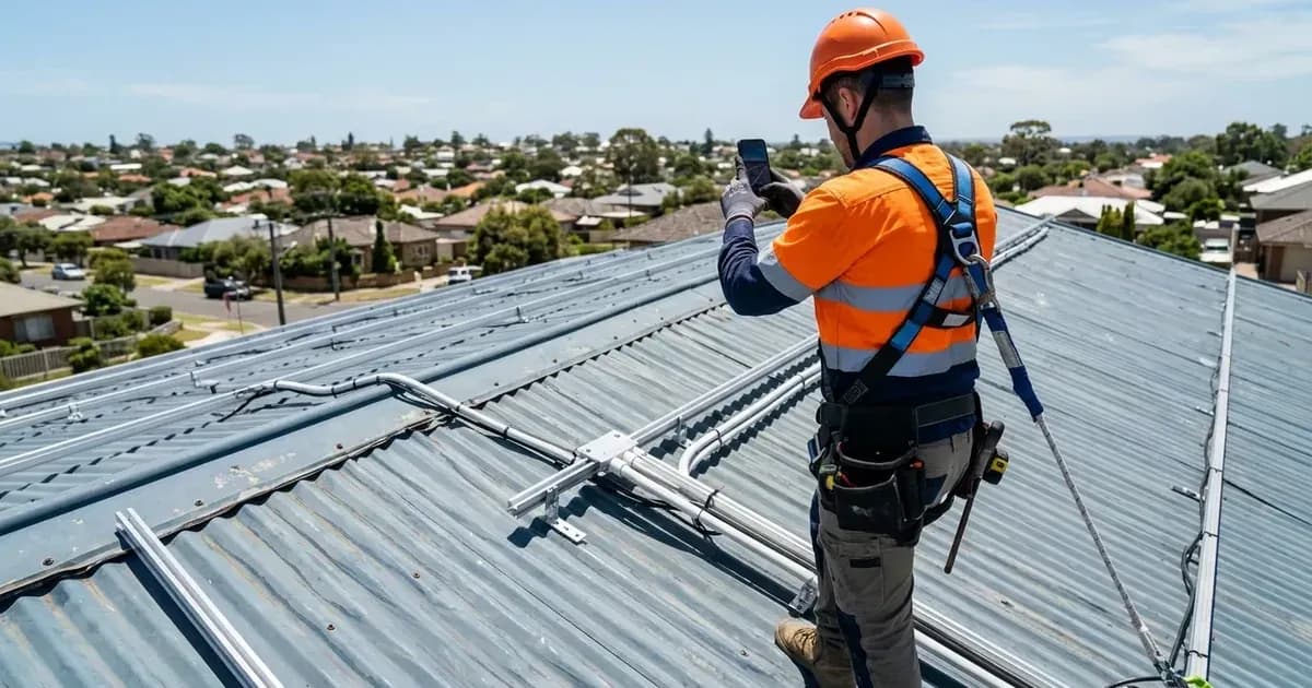 Solar installer on an Australian corrugated iron roof taking a compliance photo of mounting rails and conduit. — SolarNevs spec card