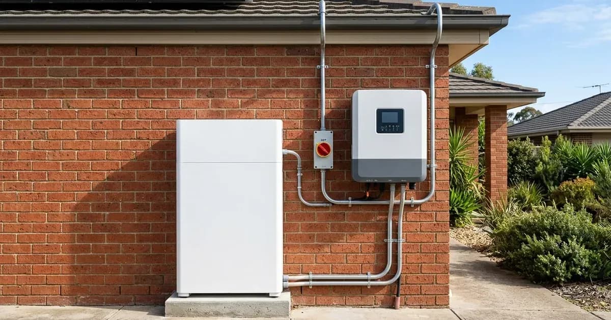 Residential battery storage unit and hybrid solar inverter installed on the brick wall of an Australian house. — SolarNevs spec card