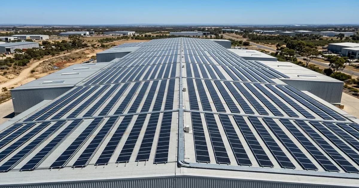Expansive rooftop solar panel array on a commercial metal building under a bright Australian sky. — SolarNevs spec card