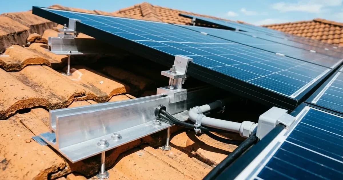 Close-up of solar panel aluminium mounting rails and conduit clips on an Australian tile roof. — SolarNevs spec card