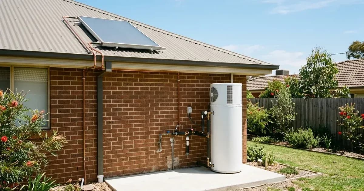 Solar water thermal collector on a corrugated roof and heat pump cylinder beside an Australian brick house. — SolarNevs spec card