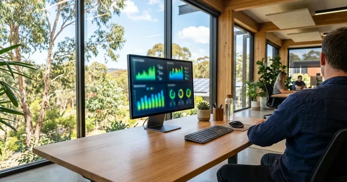 Renewable energy trading office desk with clean power analytics on screen overlooking Australian woodland. — SolarNevs spec card