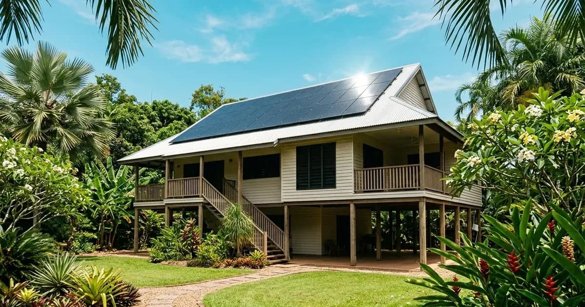 Elevated tropical house in Darwin with rooftop solar panels surrounded by palm trees and gardens. — SolarNevs spec card