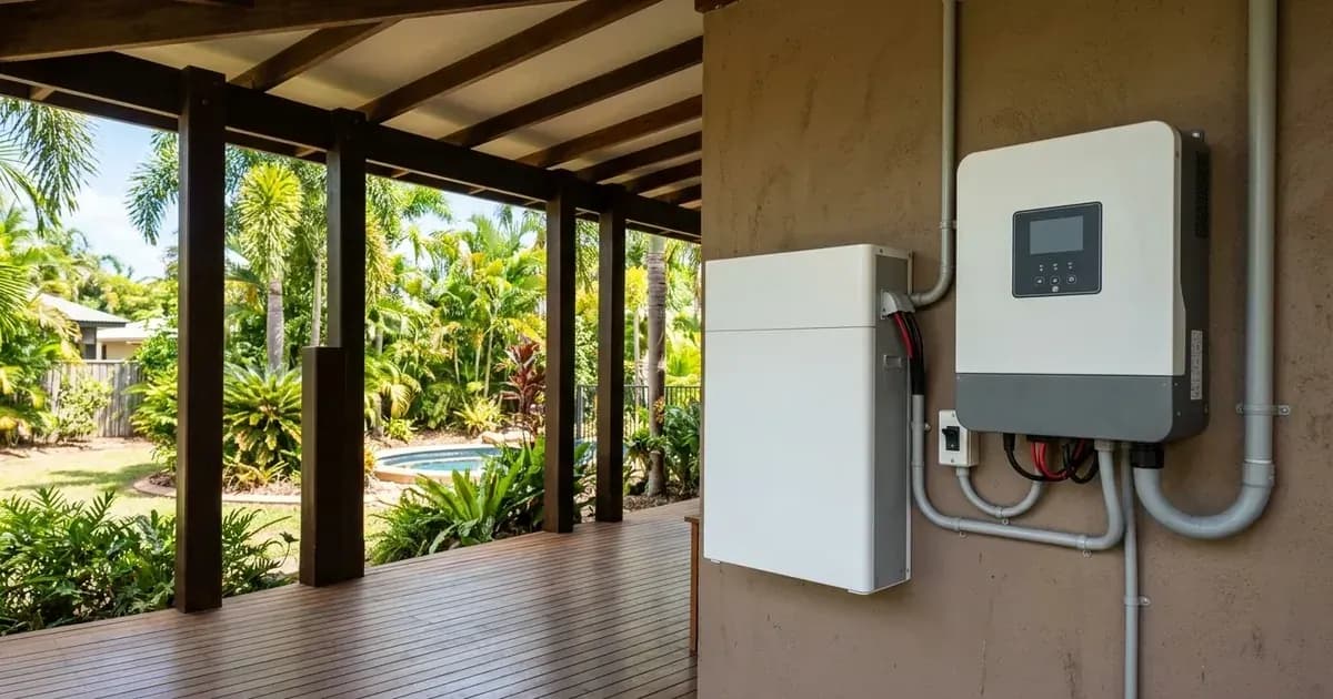 Wall-mounted home battery unit and hybrid inverter installed on the veranda of a tropical Northern Territory house. — SolarNevs spec card