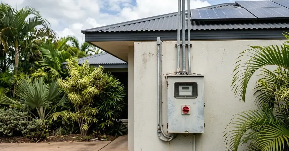 Outdoor electricity meter box and conduit below rooftop solar panels on a tropical Darwin home. — SolarNevs spec card