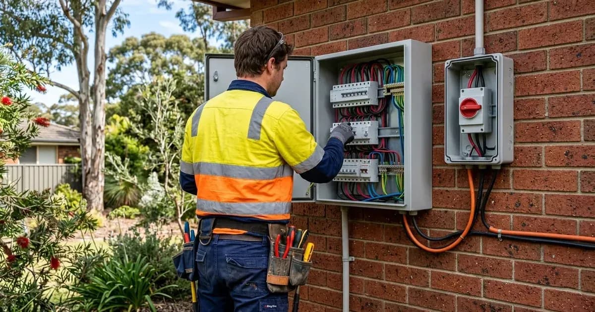 Electrician in high-vis inspecting an outdoor residential switchboard and solar isolator on a NSW house. — SolarNevs spec card
