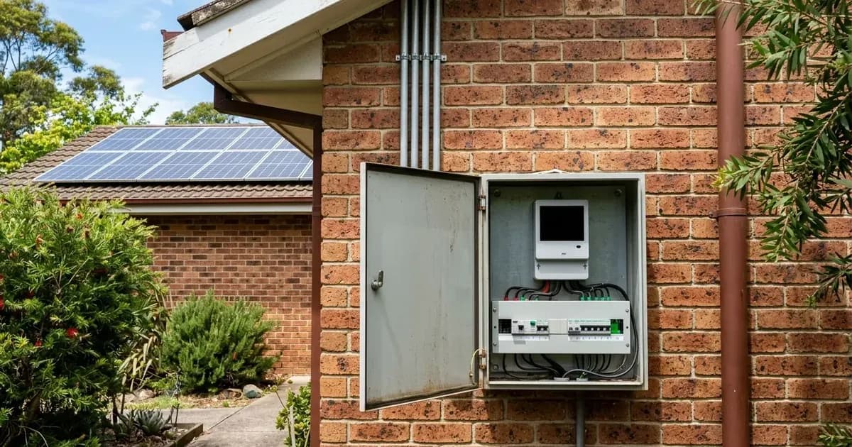 Outdoor electrical meter enclosure with blank smart meter below rooftop solar on an Australian brick house. — SolarNevs spec card