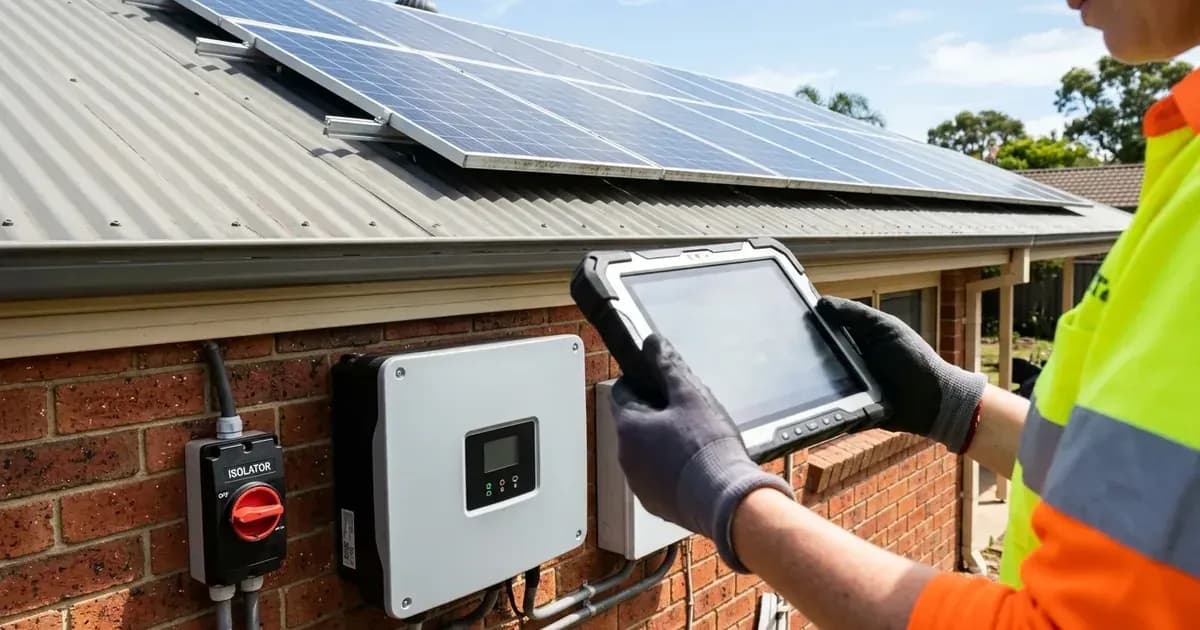 Electrician holding tablet for solar compliance check beside residential inverter on a brick wall under corrugated roof — SolarNevs spec card