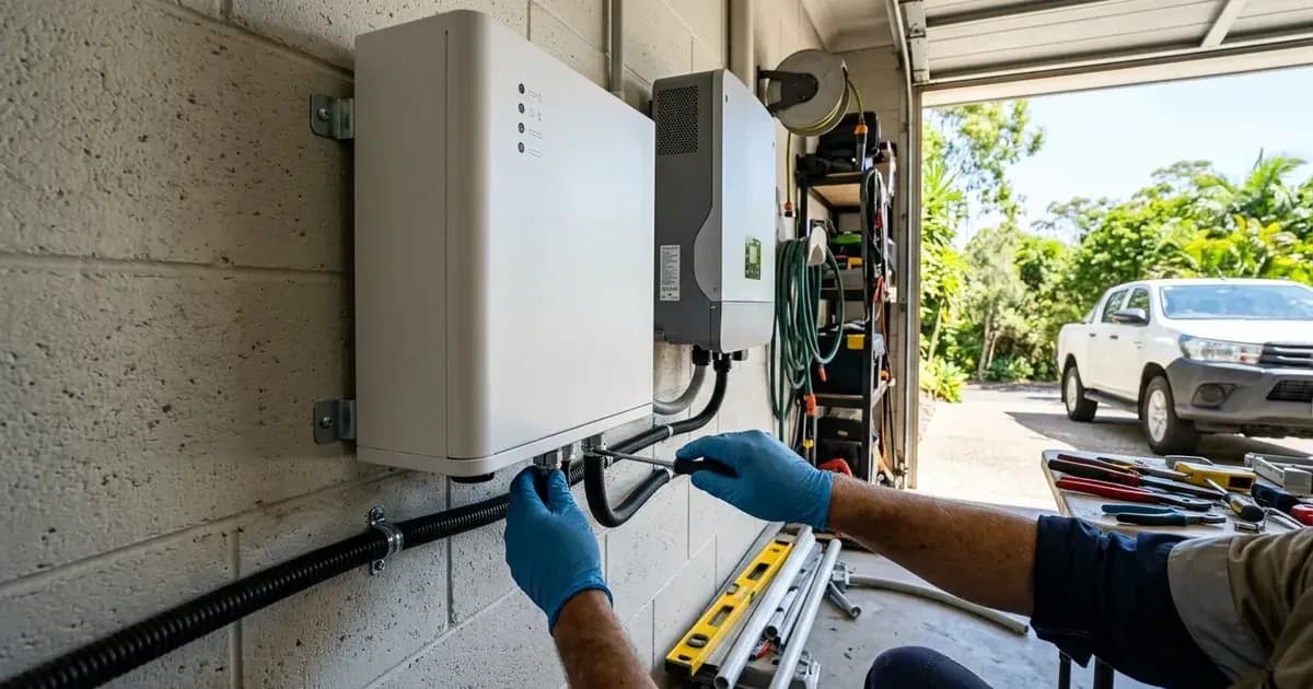 Solar electrician wiring a wall-mounted lithium battery storage unit beside an inverter in a Queensland home garage. — SolarNevs spec card