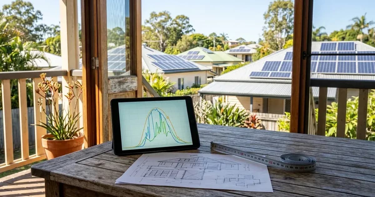 Tablet displaying solar generation export curves on a veranda table overlooking Queensland residential rooftop panels. — SolarNevs spec card