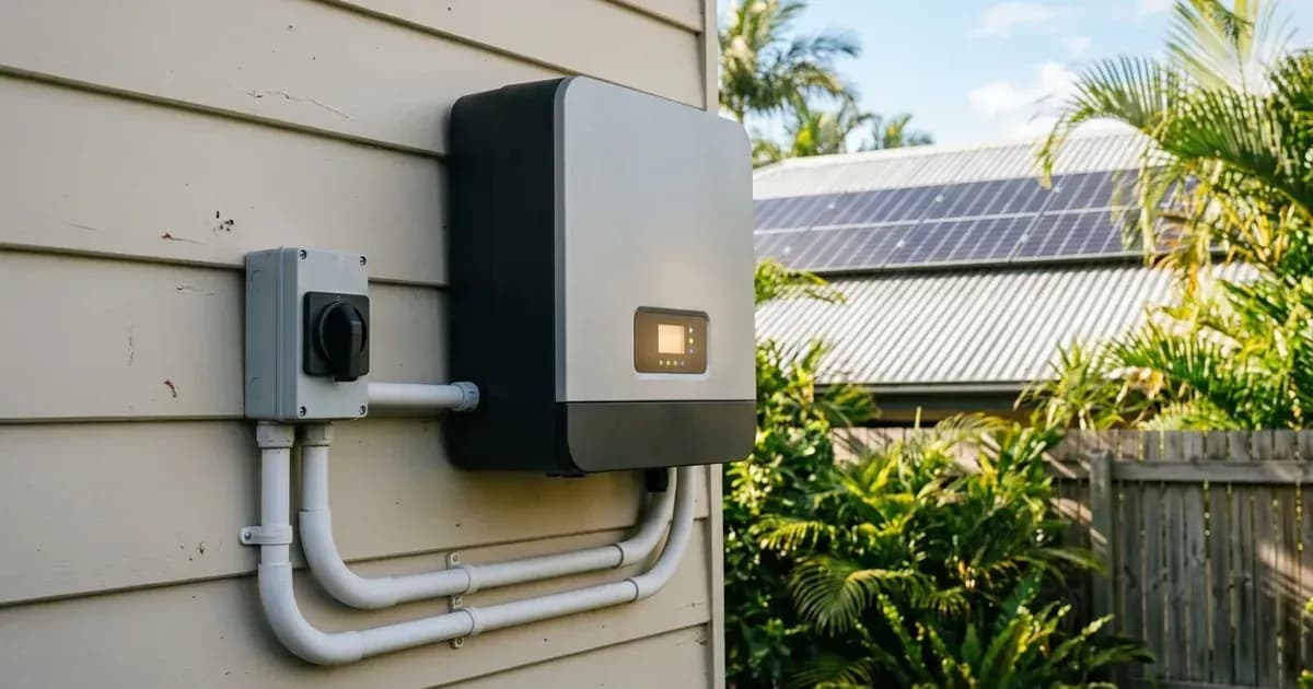 Modern unbranded smart inverter and isolator mounted on a Queensland house exterior beside a corrugated roof. — SolarNevs spec card