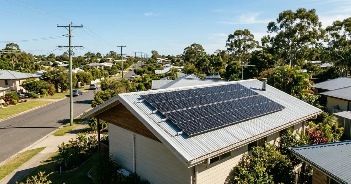 Solar panel array installed on a corrugated tin roof in Queensland with suburban overhead power lines behind. — SolarNevs spec card