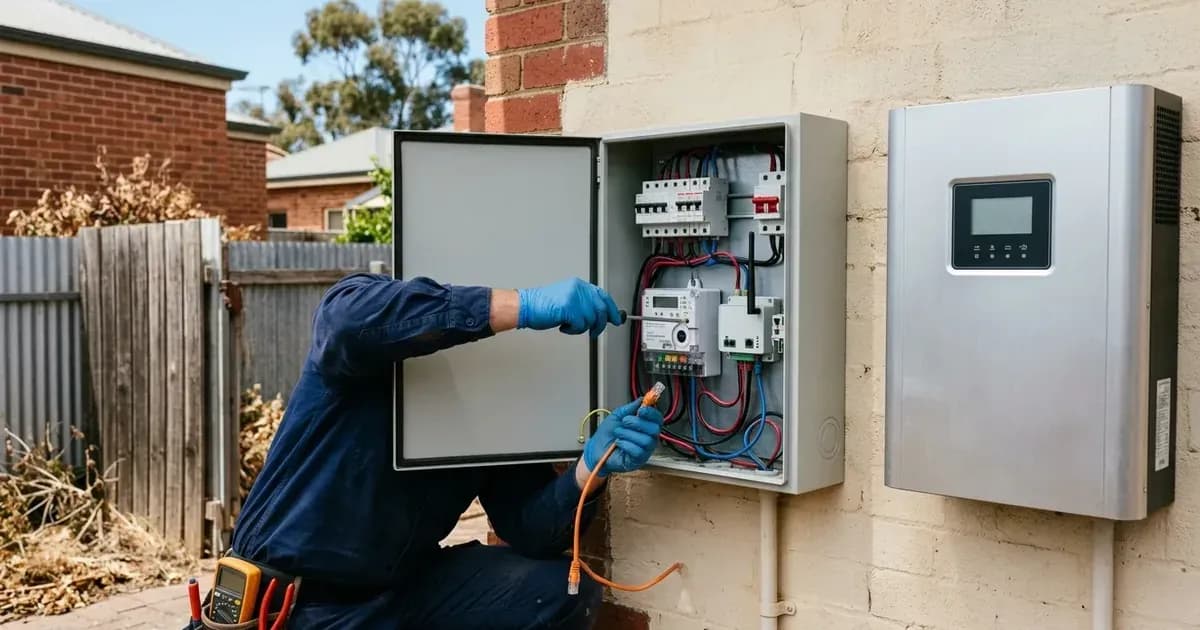 Electrician wiring telemetry equipment in an exterior switchboard next to a solar inverter on a South Australian home. — SolarNevs spec card