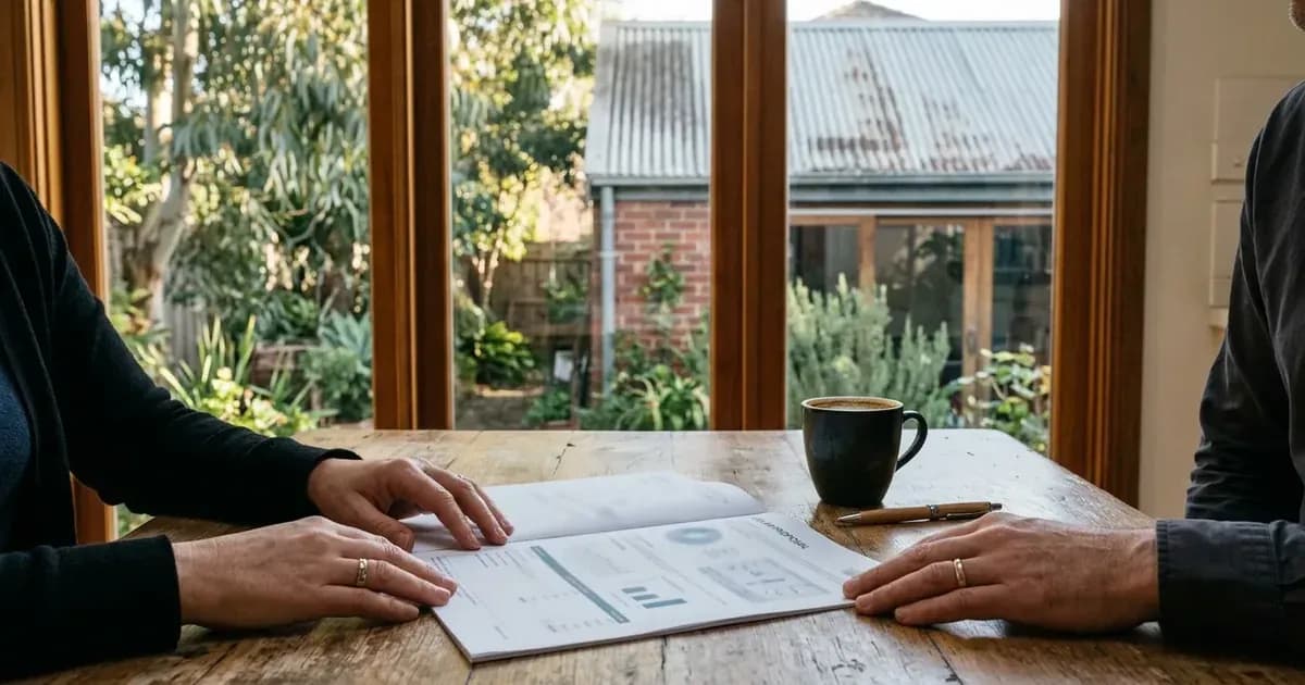 Homeowner reviewing a solar installation quote document at a kitchen table overlooking an Australian backyard. — SolarNevs spec card