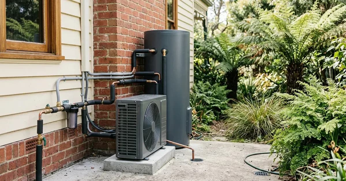 Modern domestic heat pump hot water system installed on a concrete plinth beside an Australian brick house. — SolarNevs spec card