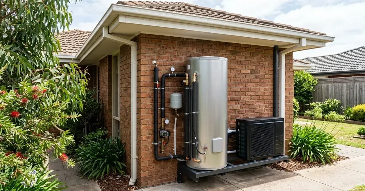 Modern heat pump hot water system and storage tank installed on the brick exterior of an Australian suburban home. — SolarNevs spec card