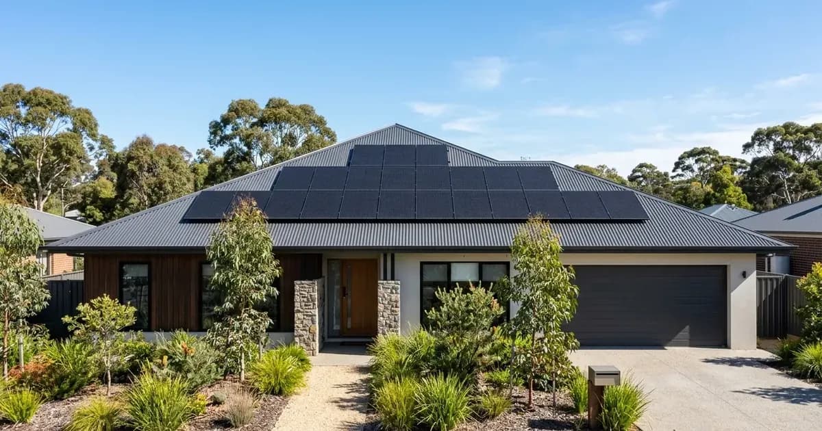 Rooftop solar panel array installed on a modern Australian home with a corrugated metal roof. — SolarNevs spec card